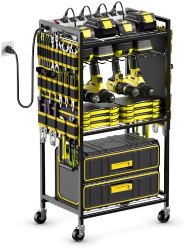 JUNNUJ Power Tool Organizer Cart with Charging Station, 10 FT Cord, Yellow