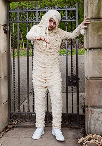 Men's Mummy Halloween Costume | Adult Classic Horror Theme with Bodysuit with Attached Head Wrap and Bandage Strip