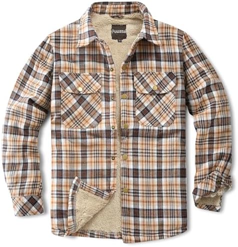 Men's Sherpa Cotton Flannel Shirt Jacket Plaid Button Coat Pocket