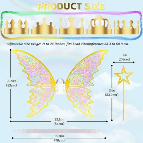 maysida Gold Fairy Wings for Kids and Girls, Light-up Electric Sparkling Wings Princess Halloween Set with Wand, Crown, Butterfly Wings – Ideal for Cosplay, Party, Birthday, Christmas
