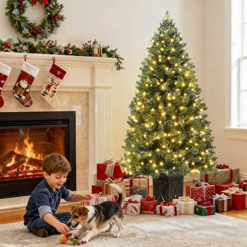 Garvee Pre-lit Artificial Christmas Tree with Warm White Lights, Green Full Christmas Tree 4.5 ft with 8 Light-Modes, Pre Lighted Xmas Tree W/460 Branch Tips, 300 Light & Black Base,2 PCS