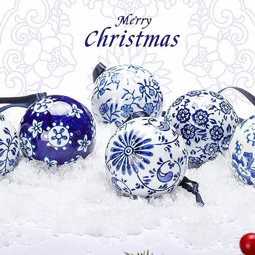 Cindeer 6 Pcs Blue and White Christmas Porcelain Balls, Classic Style