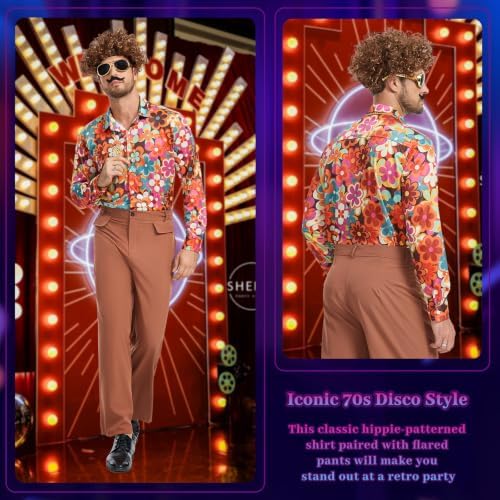70s Disco Outfit for Men, 7 Pcs Retro Hippie Costume Adults