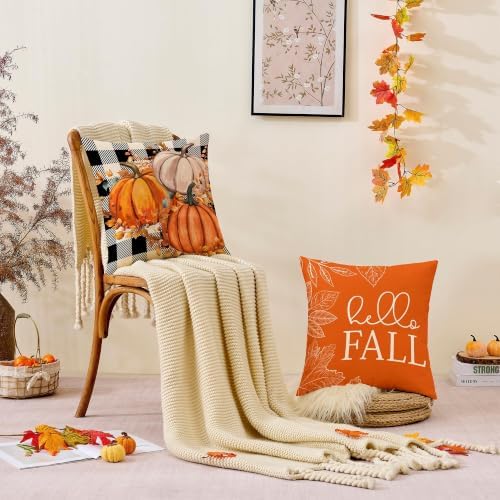 Fall Decor for Home,Fall Pillow Covers 16x16 Set of 4 Rustic Indoor Outdoor Decorations Orange Plaid Throw Pillow Covers,Hello Pumpkin Linen Autumn Cushion Case for Sofa Couch Chair Bedroom