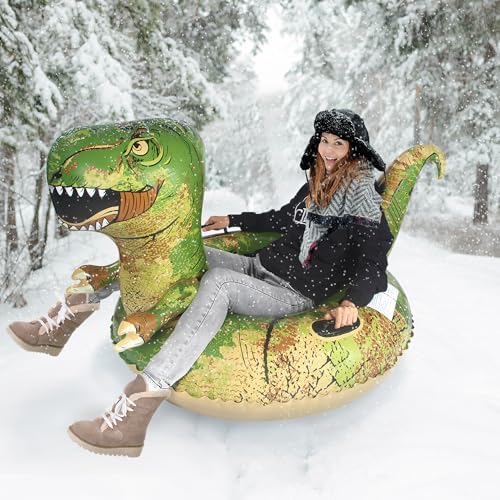 Dinosaur Snow Tube, FindUWill 64.9 inch Large Inflatable Snow Sled with Handles, Heavy Duty Snow Tubes Sledding for Kids and Adults (Reinforced Double-Layers Bottom)