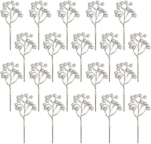 Fangoo 20 Pack 7Inch Artificial Silver Berry Stems for Christmas Tree Decor