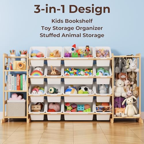 Toy Storage Organizer with Bookshelf and Stuffed Animal Storage - Playroom Organization with 3 Shelves and 16 Bins - Living Room Box for Lego - Bedroom Decor Essential