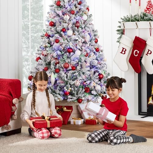 Best Choice Products Pre-Lit Artificial Christmas Tree 6ft Snow Flocked Pine Tree, 2-in-1 White and Multicolor LED Lights, Full Snowy Appearance