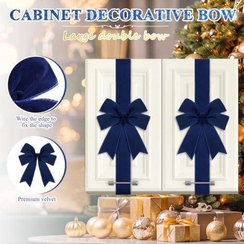 Daifunli 4 Pcs Navy Blue Christmas Velvet Cabinet Bows Ribbons for Kitchen