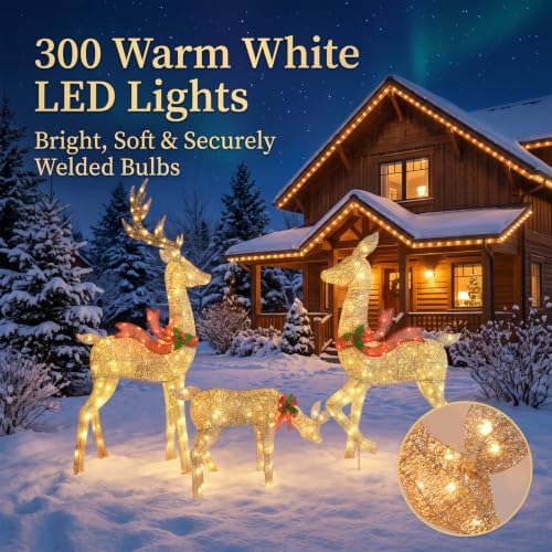 5.2FT Animatronic Christmas Reindeer Family Set - 3Pcs Large Lighted Christmas Deer with 300 LEDs & 3 Motors, Moving Heads and Stakes for Christmas Decorations Outdoor Yard - Gold