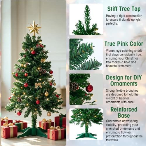 4FT Christmas Tree with Lights - Hinged Small Artificial Xmas Tree - Includes 50 LED String Light, 160 Tips Dense Branches & Detachable Stand - Mini Christmas Decoration Tree for Holiday,Green
