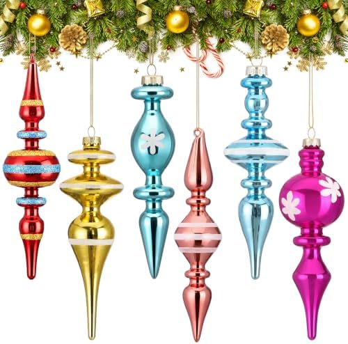 Soulchen 6 Pcs Vintage Glass Finial Christmas Ornaments Bright 6-6.8 Inch