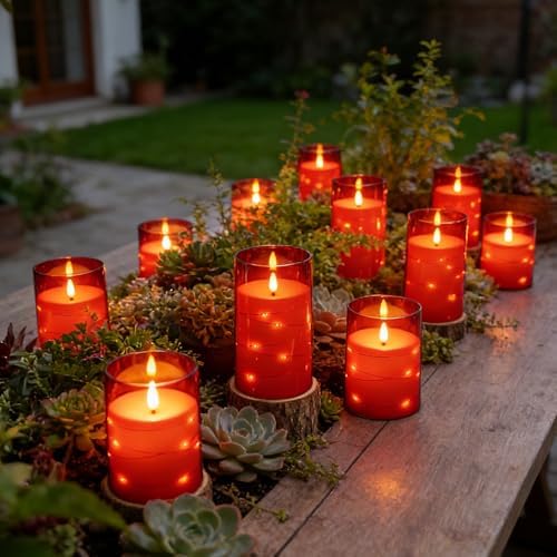 kakoya Flameless LED Candles with Timer 12 Pc Flickering Flameless Candles for Romantic Ambiance and Home Decoration Stable Acrylic Shell,with Embedded Star String，Battery Operated Candles(Red)