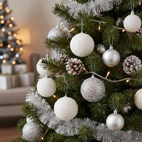 Lyrow 24 Pcs 4" Christmas Ball, White,Silver