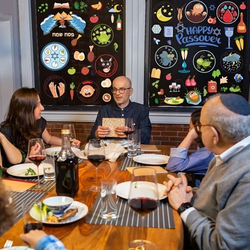 63 PCS Passover Decorations, 9 Sheets Colorful Passover Window Clings with Seder Plates Stars of David Eggs Red Wine Patterns, Double-Sided Jewish Decor for Pesach Party Supplies Home School