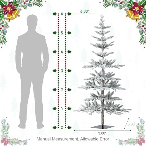Glitzhome Prelit Christmas Tree, 6ft Flocked Artificial Christmas Tree Serene Snowscape Fir with 300 Warm White Lights for Home, Office, Party Decoration, Metal Hinges & Base, Easy Assembly