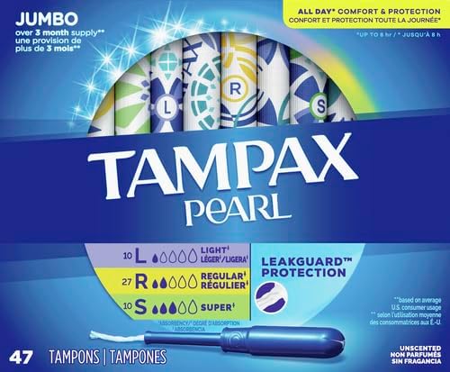 Tampax Pearl Tampons for Women Multipack, with LeakGuard Braid, Light/Regular/Super Absorbency, Unscented, 47 Count (Pack of 4)
