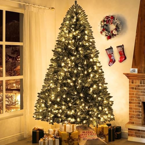 Naomi Home Prague 7.5ft Prelit Artificial Christmas Tree with Foot Pedal, 1717 Branch Tips, 550 Warm Lights and Metal Stand, 56" Wide Realistic Spruce Christmas Tree with Lights
