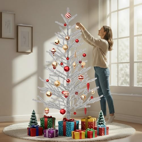 4ft Silver Tinsel Christmas Tree, Retro Aluminum Christmas Tree