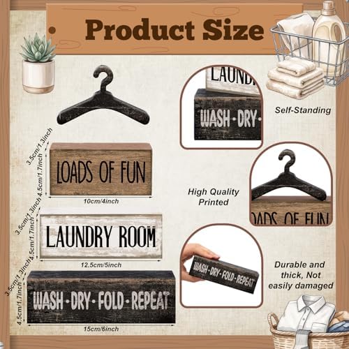 Moucuny 4 Pcs Laundry Room Decor Wooden Signs Rustic Farmhouse Block