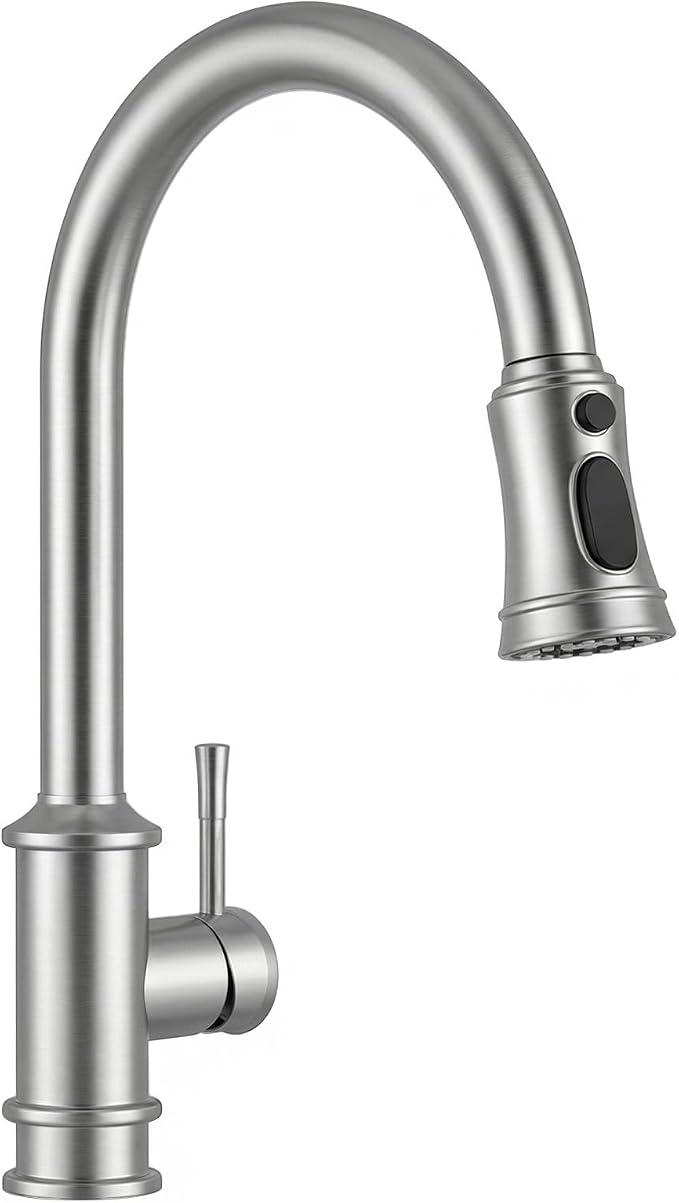 Hiqufet Vintage Kitchen Faucet, Pull Down Sprayer, Brushed Nickel | Easy Install, 360 Swivel, 3 Spray Modes, SUS304 Stainless Steel, High Arc, Fits RV/Laundry/Bar Sinks, High Arc, Lead-Free