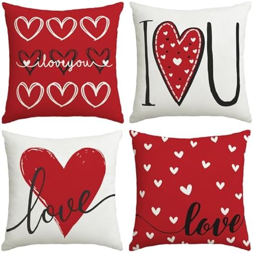 Valentines Day Decorations-Valentine Pillow Covers 20x20 Set of 4, Red Hearts I Love You Happy Valentine's Day Throw Outdoor Pillow Covers Anniversary Wedding Cushion Case for Home Sofa Couch Decor