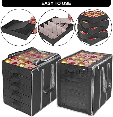 ProPik Christmas Ornament Storage Boxes with Dividers - 5 Separate Trays - Ornament Holder - Keeps 100 Holiday Ornaments - Durable Carrying Bag Handles Organizer Storage Box (Black)