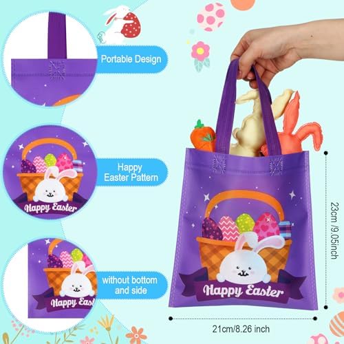 Sweetude 120 Pcs Easter Tote Bags Bulk with Handles Bunny Reusable Party Non Woven Treats Goodie Bags for Easter Party Supplies(Rabbit)