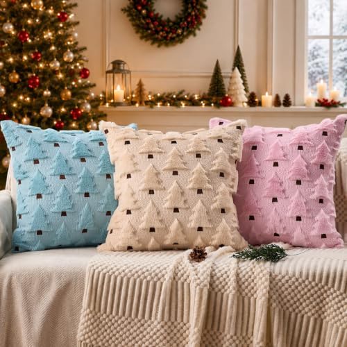 Allorry Christmas Pillow Covers 16x16 inch Set of 2 Pink Christmas Decorations Soft Plush Faux Fur Wool Christmas Tree Throw Pillow Cases Winter Holiday Decor for Sofa Living Room PT002E16
