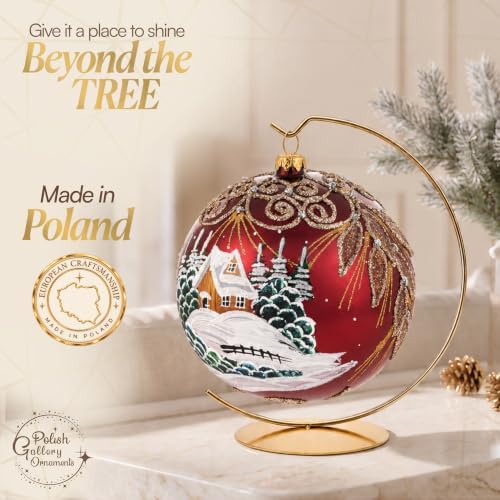 Hand Blown Glass Christmas Ornaments Ball, Chapel Cranberry 8 in + Stand