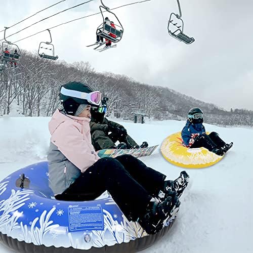 Snow Tube for Winter Sports, Inflatable Snow Tubes for Family, Heavy Duty Snow Sled for Adults, and Snow Toy for Kids with 2 Higher Handles, 48 and 37 Inch Snowflake Snow Tubes (2 Pack)