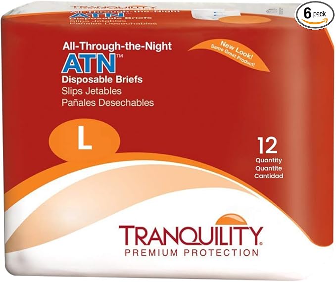 Tranquility Premium ATN Disposable Briefs with Tabs, Overnight Protection Superabsorbent Core for Leak-Free and Full-Fit Comfort, Large 72ct Case