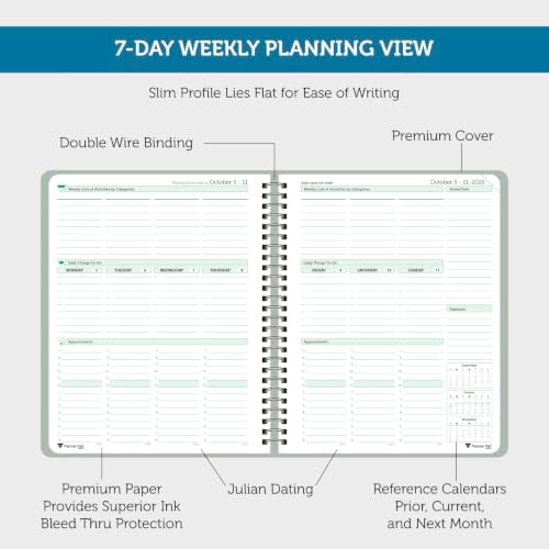Planner Pad Spiral Bound October 2026 – September 2027 6 3/4" x 8 1/2" Medium 3-Tier Funnel Down 12 Month Organizer, Greenish Grey Cover/Soft Green Ink