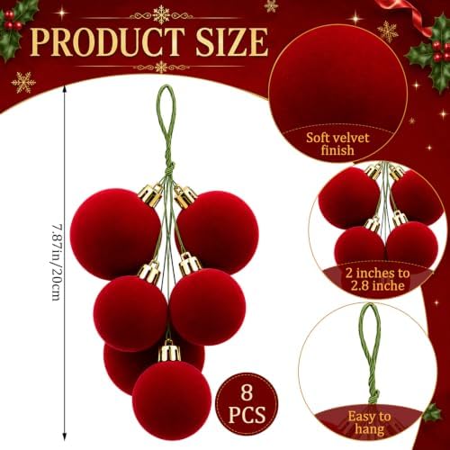 Roowest 8 Sets Large Red Velvet Christmas Ball Clusters Ornaments Decor