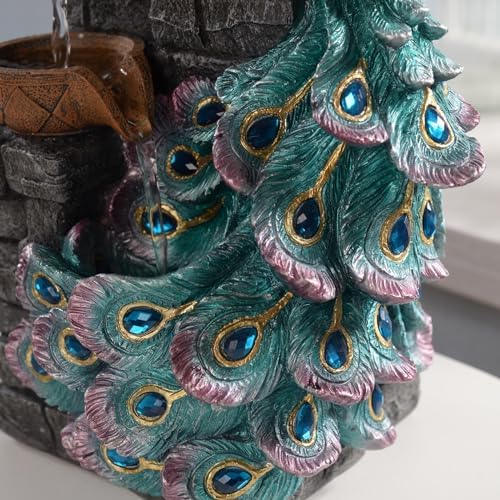 MAOCHI Tabletop Water Fountain Decor, Peacock with LED Glass Color Changing Globe,Relaxation Decorative Desktop Water Zen Fountain for Home/Office,Living Room Décor.13.78" Tall