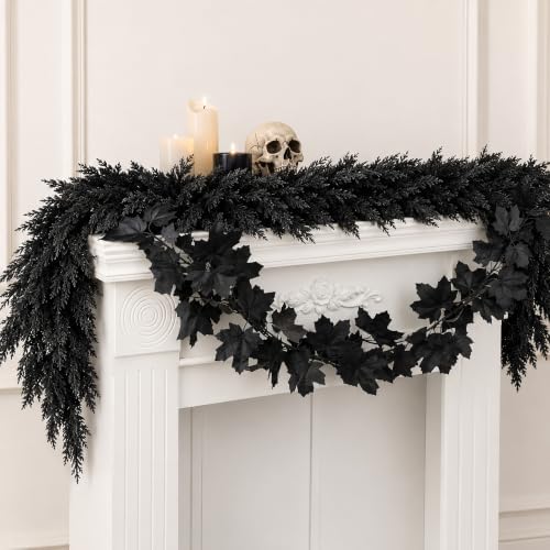 2 Pcs Black Halloween Cedar Garland with Maple Leaf Vine