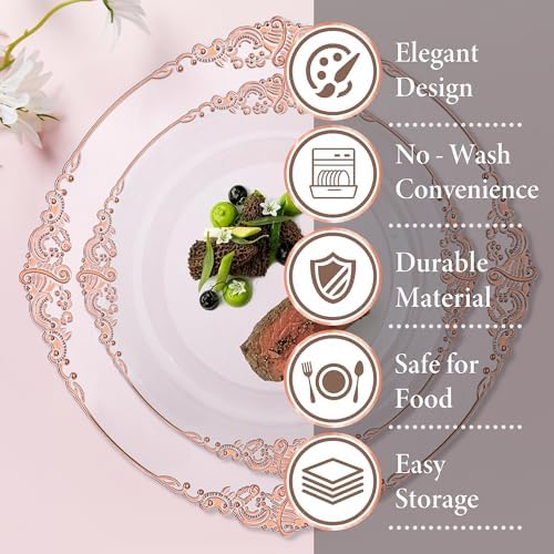 Nervure 175Pcs Rose Gold Plates, Disposable Party Plates for 25 Guests
