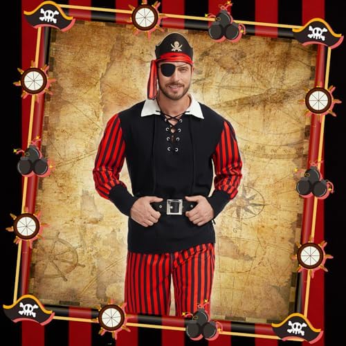Men’s Pirate Costume Set, 8-Piece Renaissance Medieval Outfit Accessories