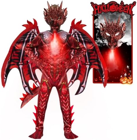 digi Dragon Costume for kids,Halloween costume Scary Goblin Dragon Full Body Jumpsuit with Wings Tail Spikes for boy 4-12
