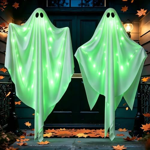 Green - 2 Pack 47.25" Light Up Hanging Ghost Halloween Decorations Outdoor Indoor
