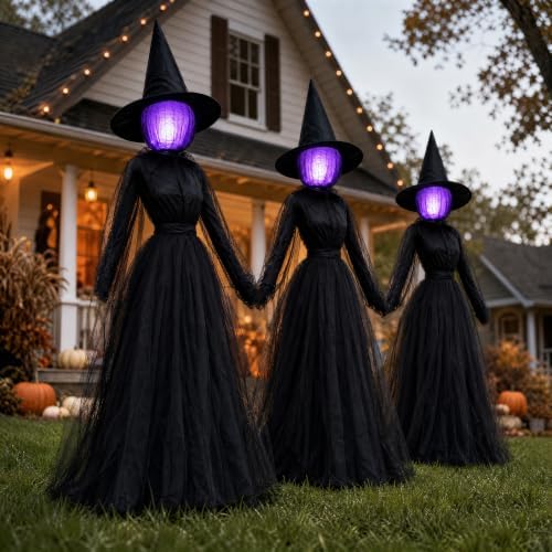 Dazzle Bright Halloween Witch Decorations Outdoor, 6 FT Set of 3 Light Up Head Holding Hands Witch with Stakes, Waterproof Witch Decor for Garden Yard Lawn Haunted House Decor