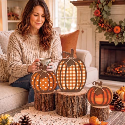 3 Pcs Fall Pumpkin Decor, Wooden Autumn Fall Decorations for Home
