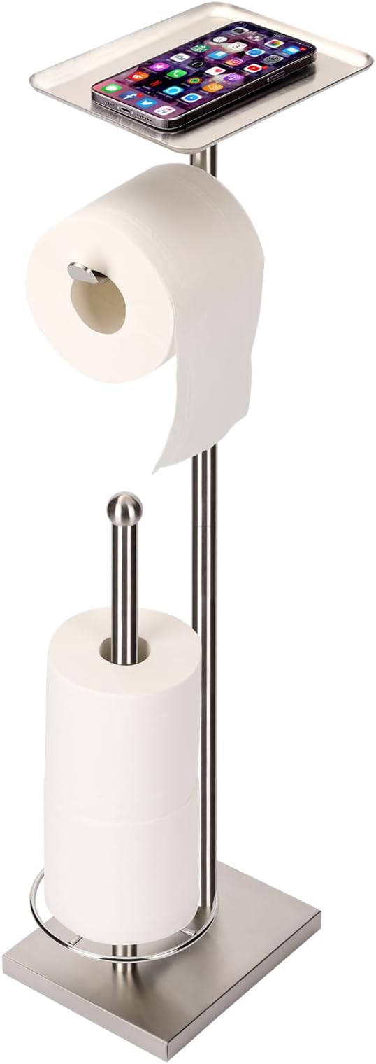 Toilet Paper Holder with Tray at The Top, Heavy-Weighted Stainless Steel Base No Wobbly, Freestanding Toilet Paper Rolls Stand, Hold Extra 3 Paper Rolls On The Base (Brushed Nickel)