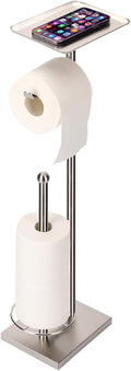 Toilet Paper Holder with Tray at The Top, Heavy-Weighted Stainless Steel Base No Wobbly, Freestanding Toilet Paper Rolls Stand, Hold Extra 3 Paper Rolls On The Base (Brushed Nickel)