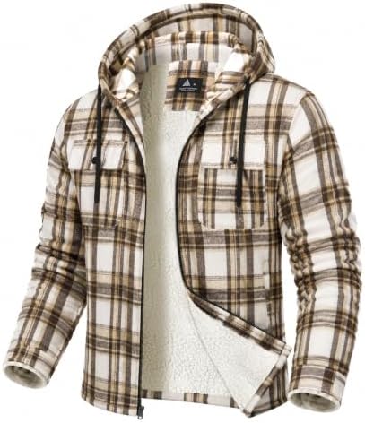 GEEK LIGHTING Men's Flannel Shirts Jacket Sherpa Lined Plaid Zipper Hoodie