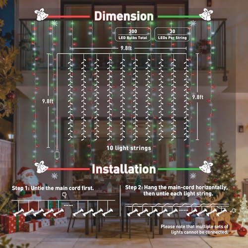 JMEXSUSS 300LED Red White and Green Christmas Curtain Lights with Remote