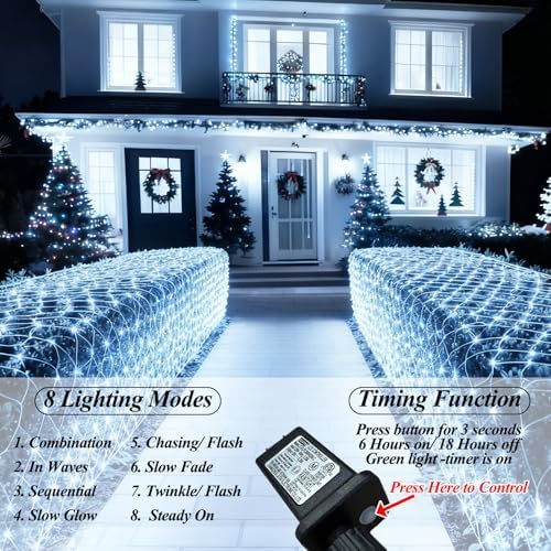 Lovelite 510 LED Christmas Net Lights, 28ft x 5ft Mesh Lights Outdoor Clear Wire 8 Modes, Waterproof Connectable String Lights Plug in for Xmas Tree Bushes Garden Holiday Party Decorations - White