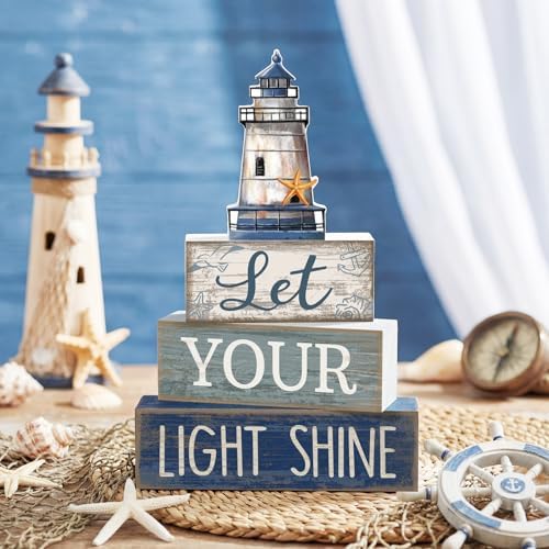 Lineshading 4 Pcs Lighthouse Coastal Decor Wooden Block Signs Rustic