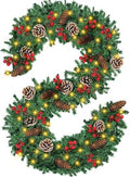 Christmas Garland, 9FT Prelit Christmas Garland with 50 LED Lights, Greenery Xmas Garland with 16 Pine Cones 75 Red Berry Christmas Decoration for Indoor Outdoor Home Mantel Fireplace