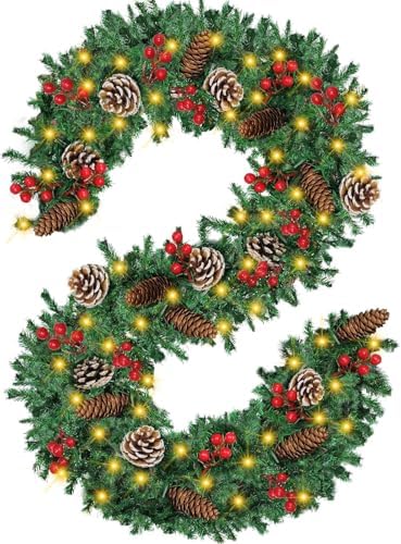 Christmas Garland, 9FT Prelit Christmas Garland with 50 LED Lights, Greenery Xmas Garland with 16 Pine Cones 75 Red Berry Christmas Decoration for Indoor Outdoor Home Mantel Fireplace